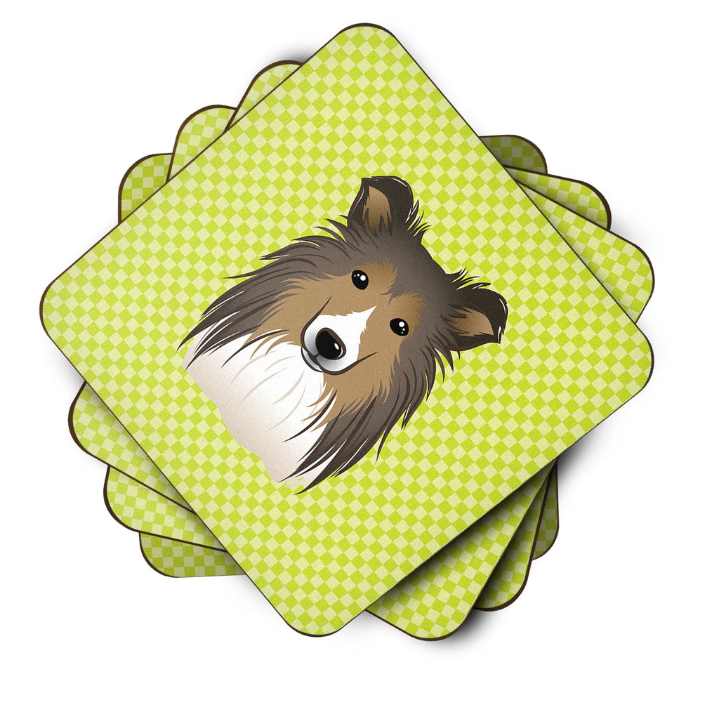 Checkerboard Lime Green Sheltie Foam Coasters Set of 4 Cup Coasters for Indoor Outdoor, Tabletop Protection, Anti Slip, Mouse pad Material