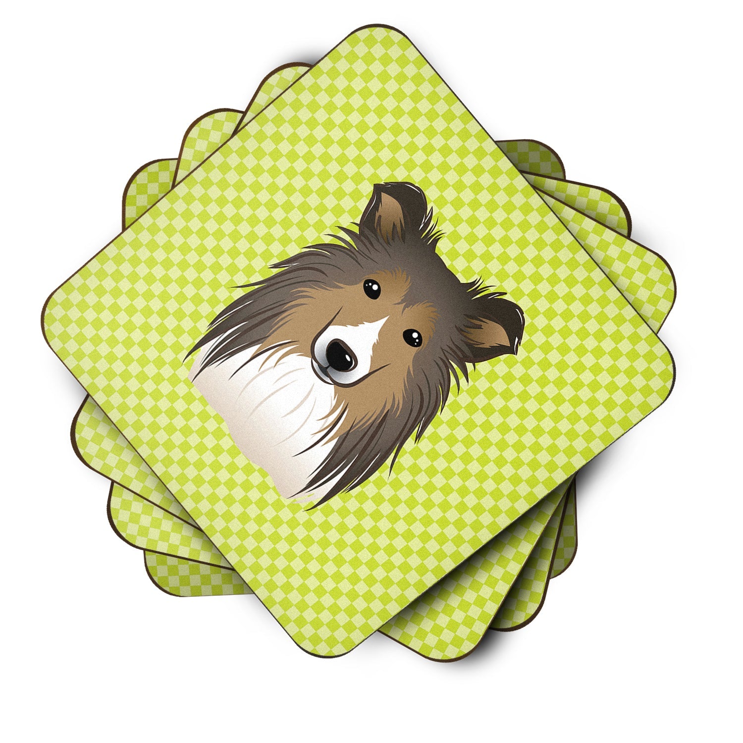 Checkerboard Lime Green Sheltie Foam Coasters Set of 4 Cup Coasters for Indoor Outdoor, Tabletop Protection, Anti Slip, Mouse pad Material