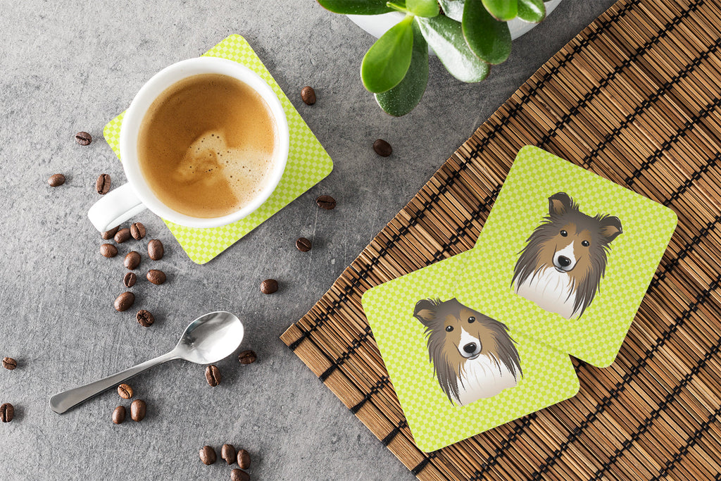 Checkerboard Lime Green Sheltie Foam Coasters Set of 4 Cup Coasters for Indoor Outdoor, Tabletop Protection, Anti Slip, Mouse pad Material
