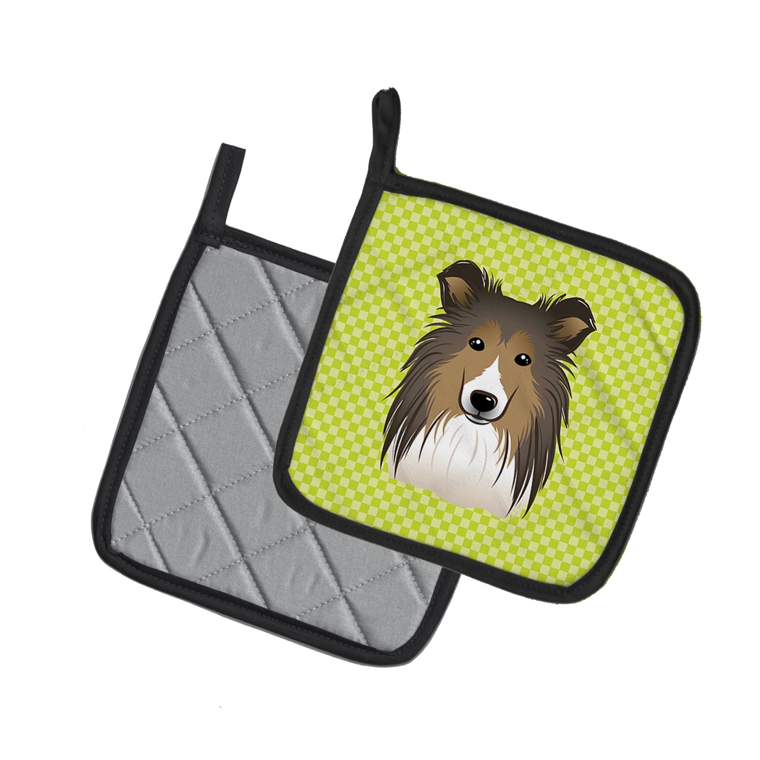 Checkerboard Lime Green Sheltie Pot Holder Set of 2 Heat Resistant Quilted Hot Pads 7.5 x 7.5 Inch, Insulated Kitchen Trivets for Cooking & Baking