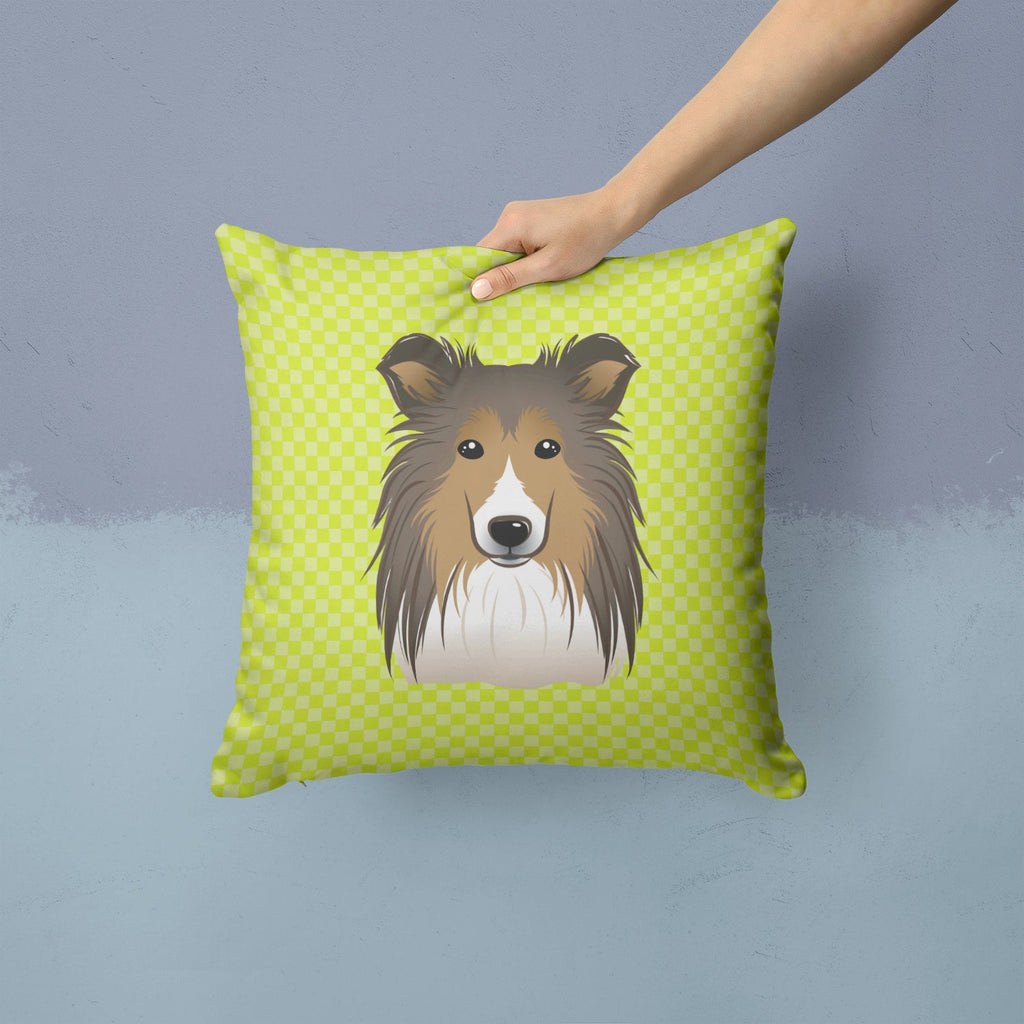 Checkerboard Lime Green Sheltie Decorative Throw Pillow 14x14 Indoor Outdoor Accent Cushion, Fabric Cover with Insert for Sofa, Bed, Porch & Living Room