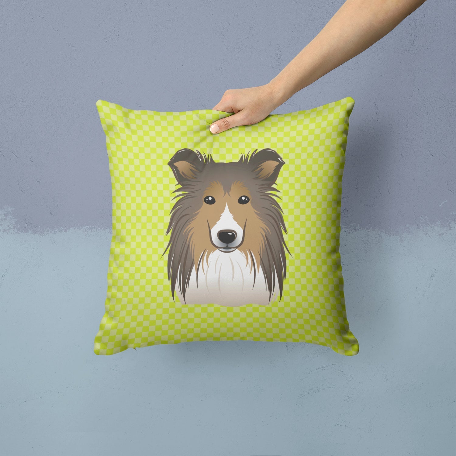 Checkerboard Lime Green Sheltie Decorative Throw Pillow 14x14 Indoor Outdoor Accent Cushion, Fabric Cover with Insert for Sofa, Bed, Porch & Living Room