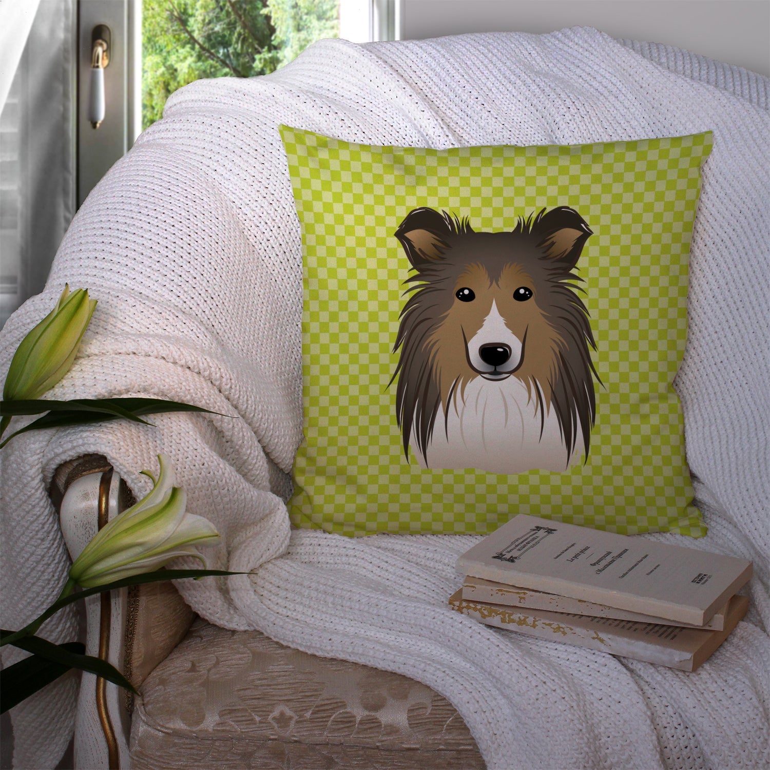 Checkerboard Lime Green Sheltie Decorative Throw Pillow 14x14 Indoor Outdoor Accent Cushion, Fabric Cover with Insert for Sofa, Bed, Porch & Living Room