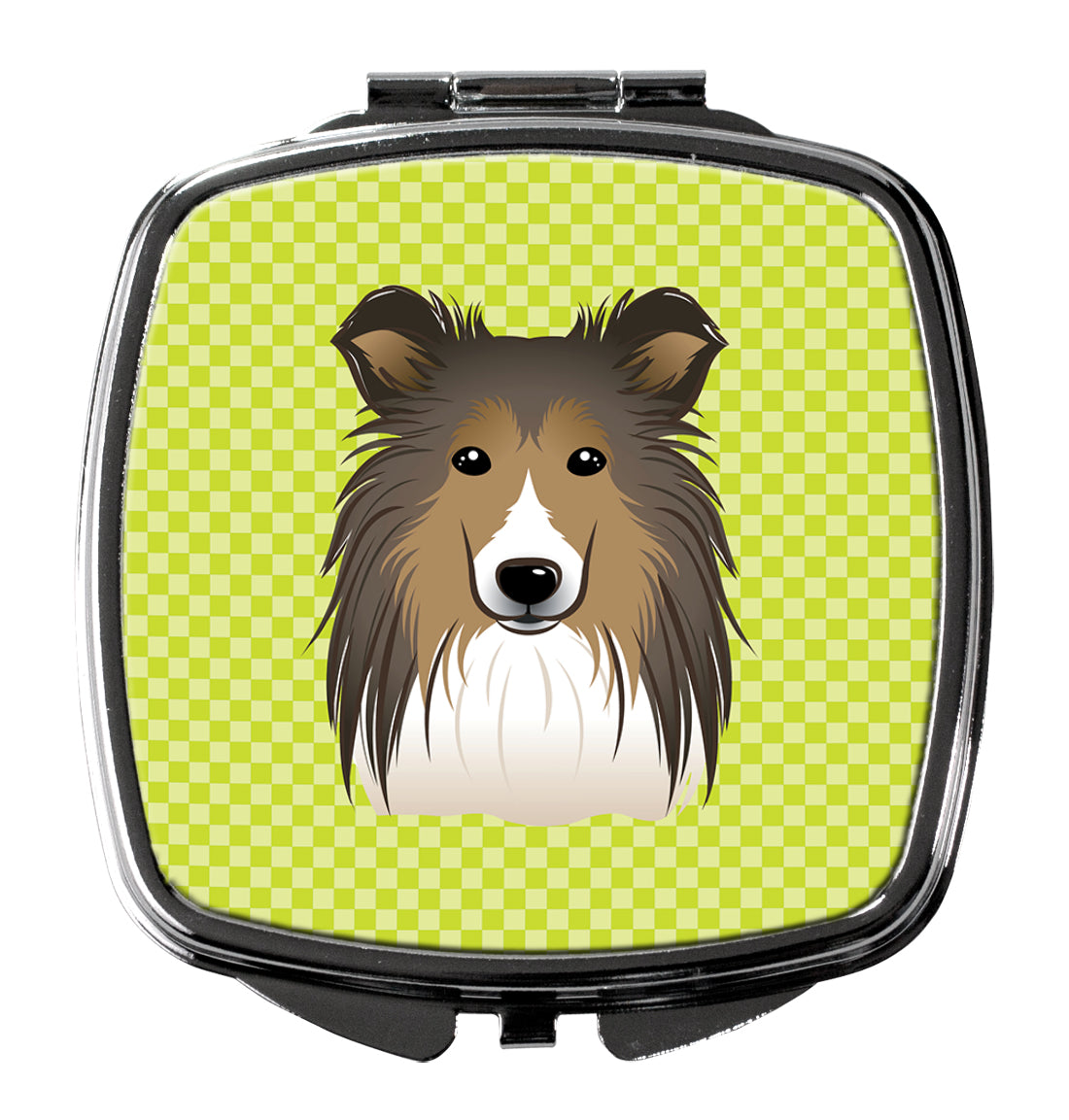 Checkerboard Lime Green Sheltie Compact Mirror Decorative Travel Makeup Mirror for Women Girls Gifts Pocket Makeup Mirror Folding Handheld