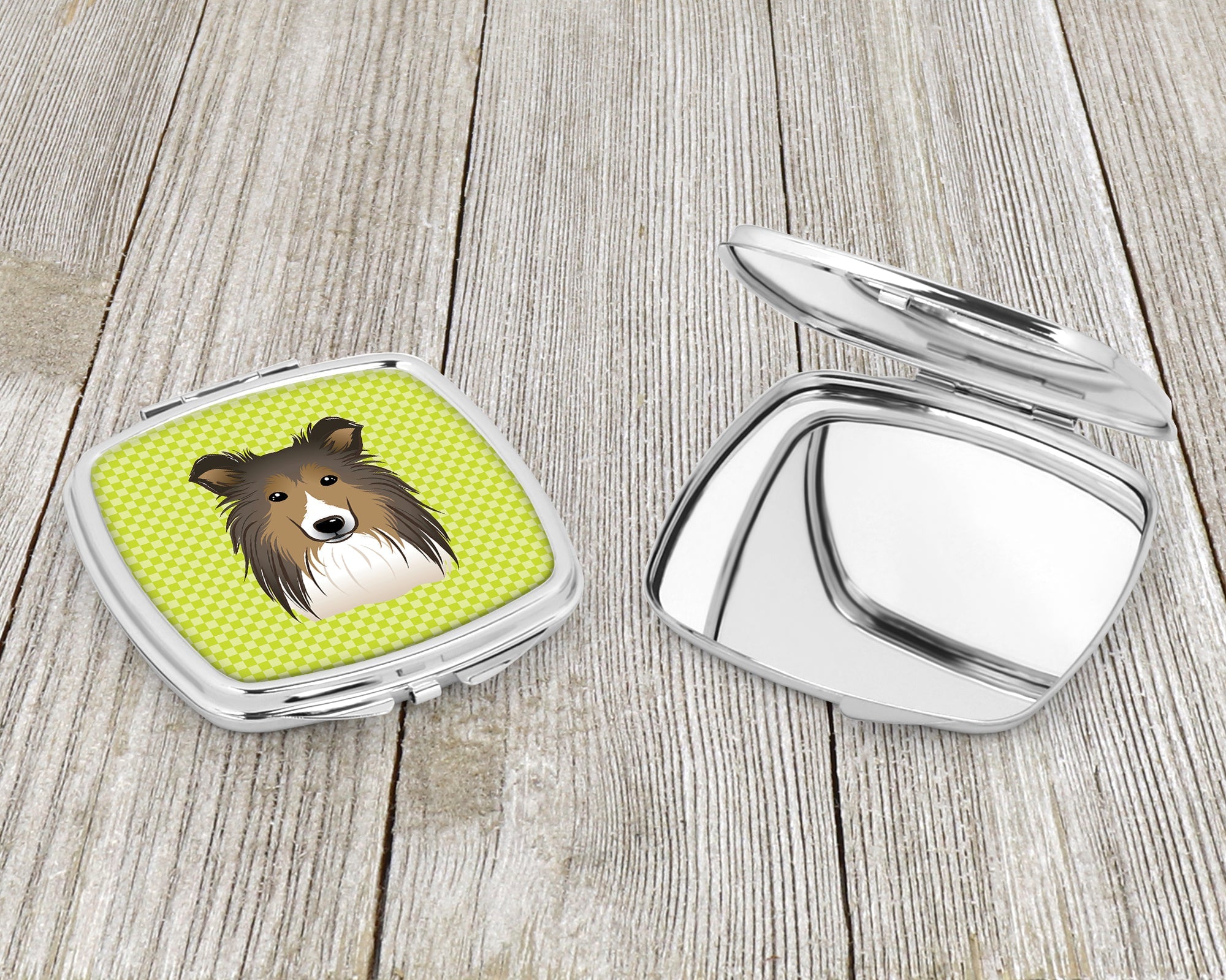 Checkerboard Lime Green Sheltie Compact Mirror Decorative Travel Makeup Mirror for Women Girls Gifts Pocket Makeup Mirror Folding Handheld