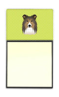 Checkerboard Lime Green Sheltie Watercolor Sticky Note Holder Refillable Dispenser Desk Accessory 3x3 Pad Gift