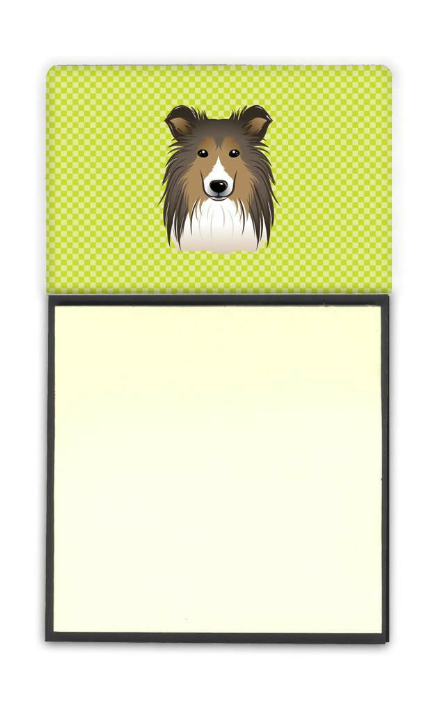 Checkerboard Lime Green Sheltie Watercolor Sticky Note Holder Refillable Dispenser Desk Accessory 3x3 Pad Gift