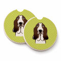 Checkerboard Lime Green Basset Hound Set of 2 Cup Holder Car Coasters Absorbent Round Sandstone Coasters Gifts for Men or Women, 2.5, Multicolor