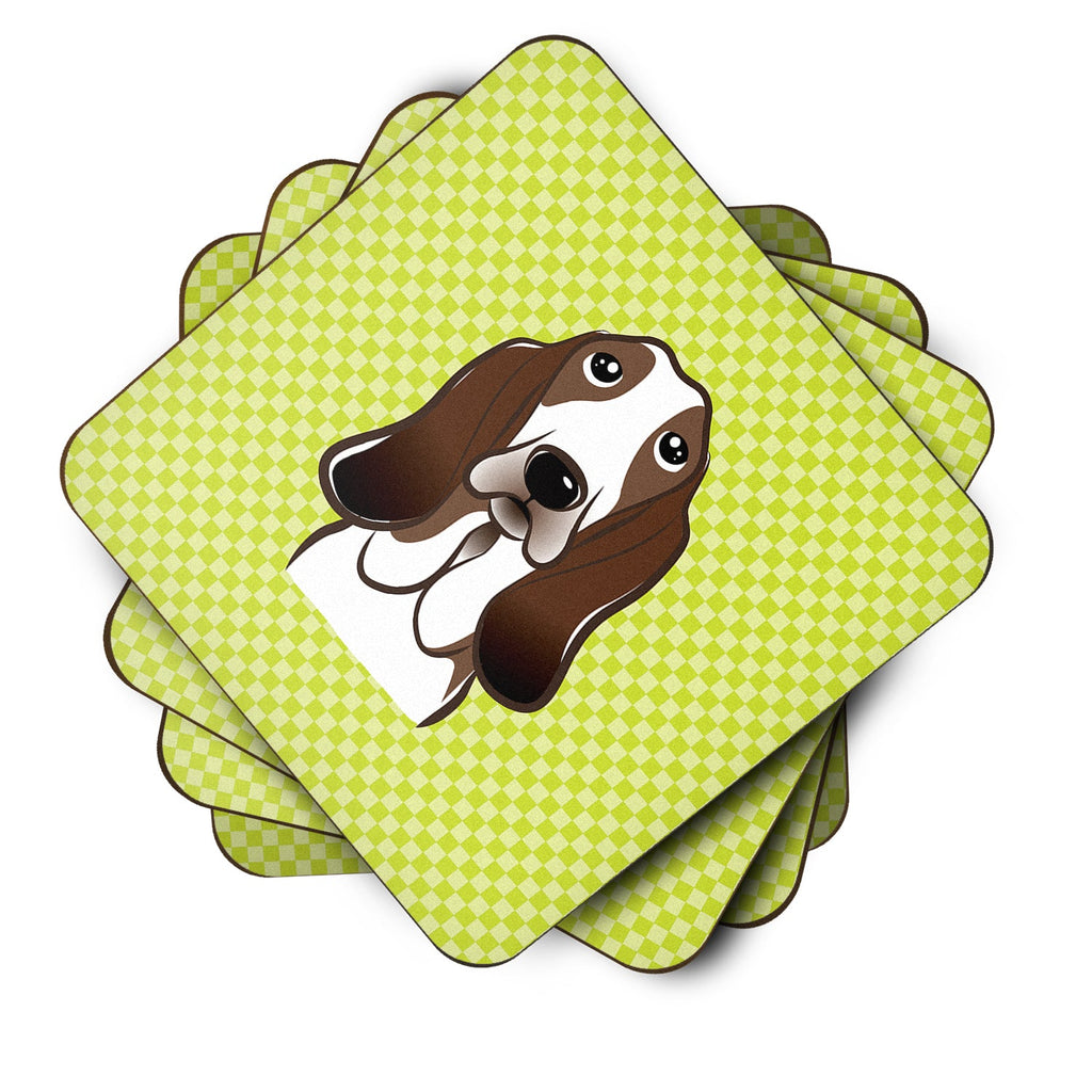 Checkerboard Lime Green Basset Hound Foam Coasters Set of 4 Cup Coasters for Indoor Outdoor, Tabletop Protection, Anti Slip, Mouse pad Material