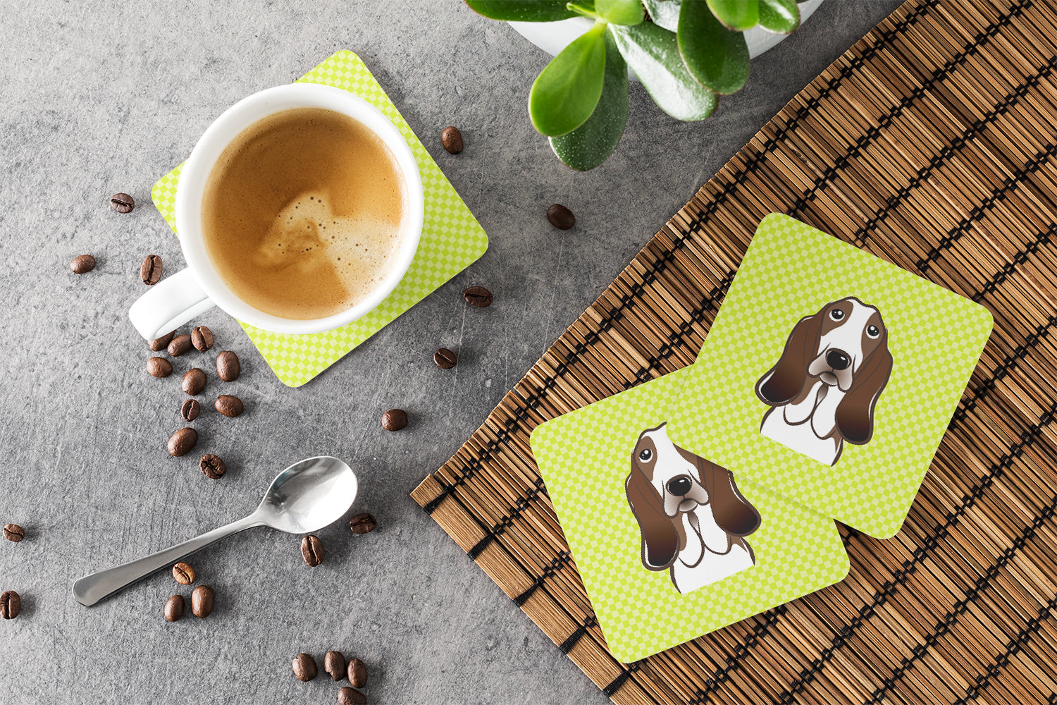 Checkerboard Lime Green Basset Hound Foam Coasters Set of 4 Cup Coasters for Indoor Outdoor, Tabletop Protection, Anti Slip, Mouse pad Material