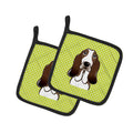 Checkerboard Lime Green Basset Hound Pot Holder Set of 2 Heat Resistant Quilted Hot Pads 7.5 x 7.5 Inch, Insulated Kitchen Trivets for Cooking & Baking