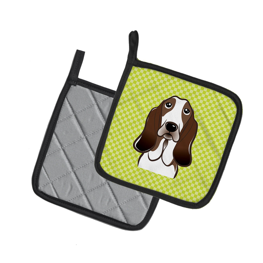Checkerboard Lime Green Basset Hound Pot Holder Set of 2 Heat Resistant Quilted Hot Pads 7.5 x 7.5 Inch, Insulated Kitchen Trivets for Cooking & Baking