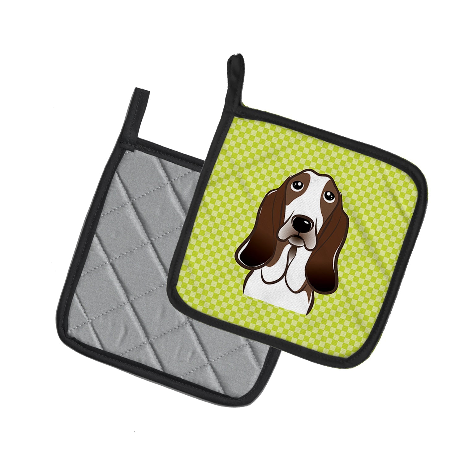 Checkerboard Lime Green Basset Hound Pot Holder Set of 2 Heat Resistant Quilted Hot Pads 7.5 x 7.5 Inch, Insulated Kitchen Trivets for Cooking & Baking