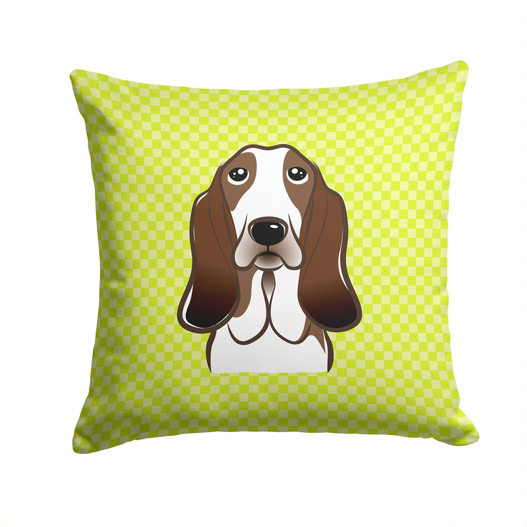 Checkerboard Lime Green Basset Hound Decorative Throw Pillow 14x14 Indoor Outdoor Accent Cushion, Fabric Cover with Insert for Sofa, Bed, Porch & Living Room