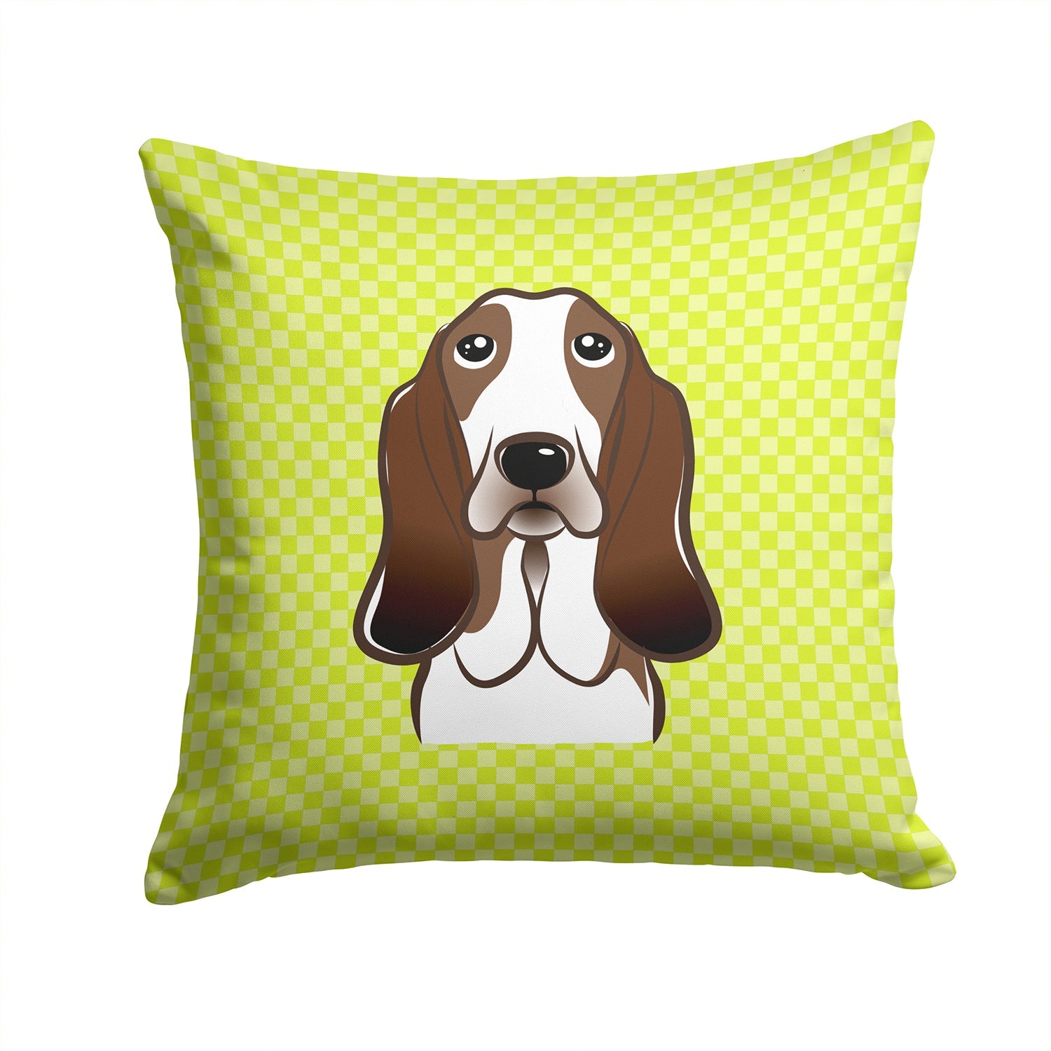 Checkerboard Lime Green Basset Hound Decorative Throw Pillow 14x14 Indoor Outdoor Accent Cushion, Fabric Cover with Insert for Sofa, Bed, Porch & Living Room