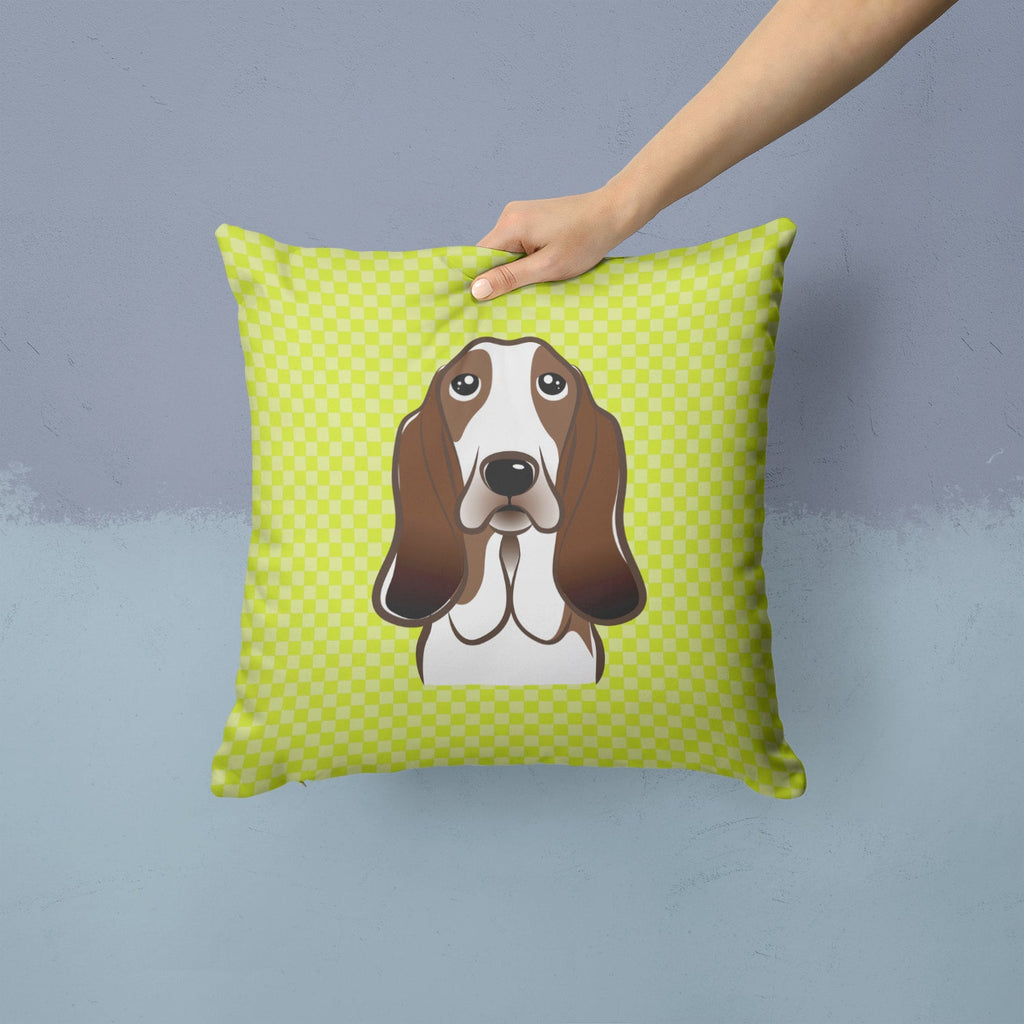 Checkerboard Lime Green Basset Hound Decorative Throw Pillow 14x14 Indoor Outdoor Accent Cushion, Fabric Cover with Insert for Sofa, Bed, Porch & Living Room
