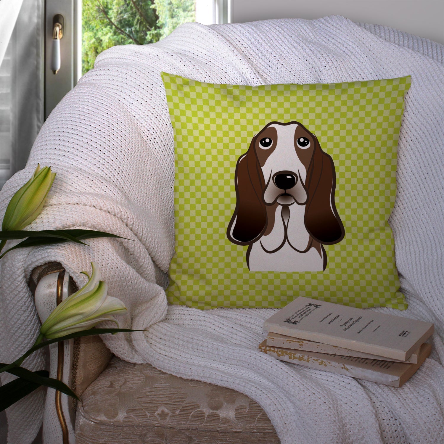 Checkerboard Lime Green Basset Hound Decorative Throw Pillow 14x14 Indoor Outdoor Accent Cushion, Fabric Cover with Insert for Sofa, Bed, Porch & Living Room