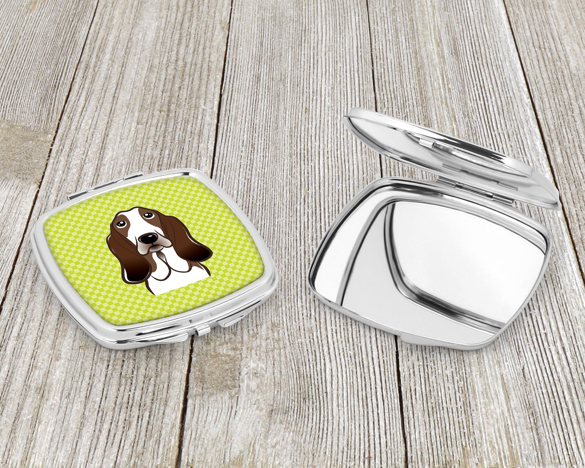 Checkerboard Lime Green Basset Hound Compact Mirror Decorative Travel Makeup Mirror for Women Girls Gifts Pocket Makeup Mirror Folding Handheld
