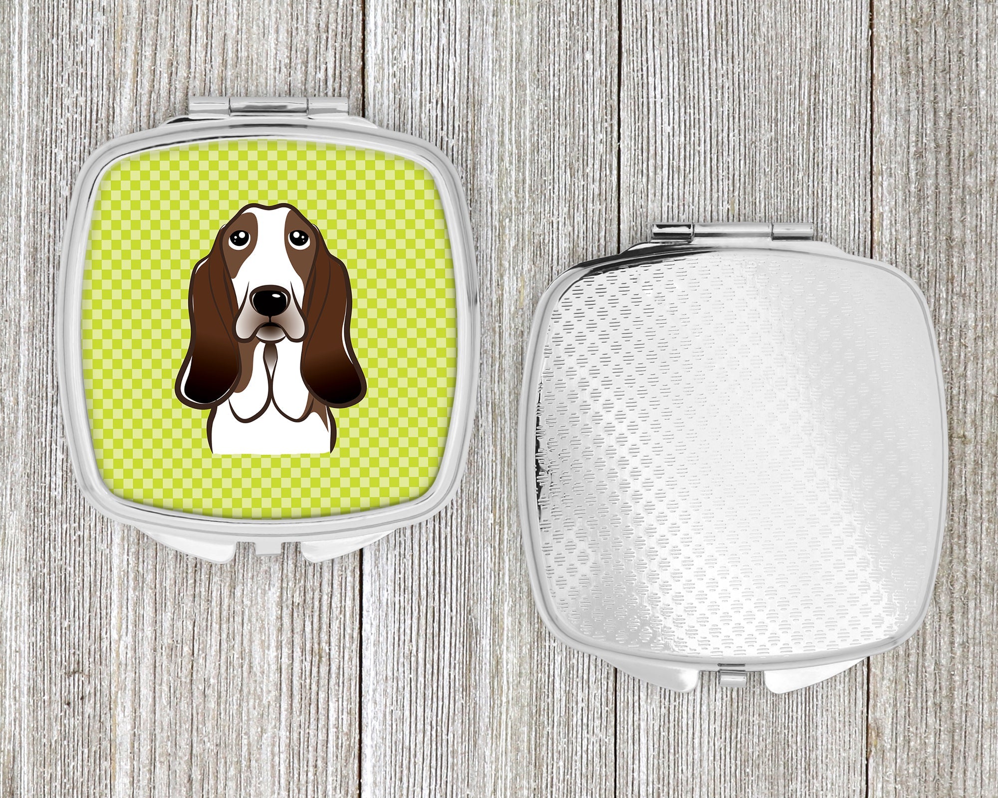 Checkerboard Lime Green Basset Hound Compact Mirror Decorative Travel Makeup Mirror for Women Girls Gifts Pocket Makeup Mirror Folding Handheld