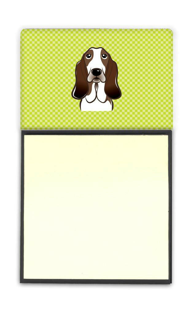Checkerboard Lime Green Basset Hound Watercolor Sticky Note Holder Refillable Dispenser Desk Accessory 3x3 Pad Gift