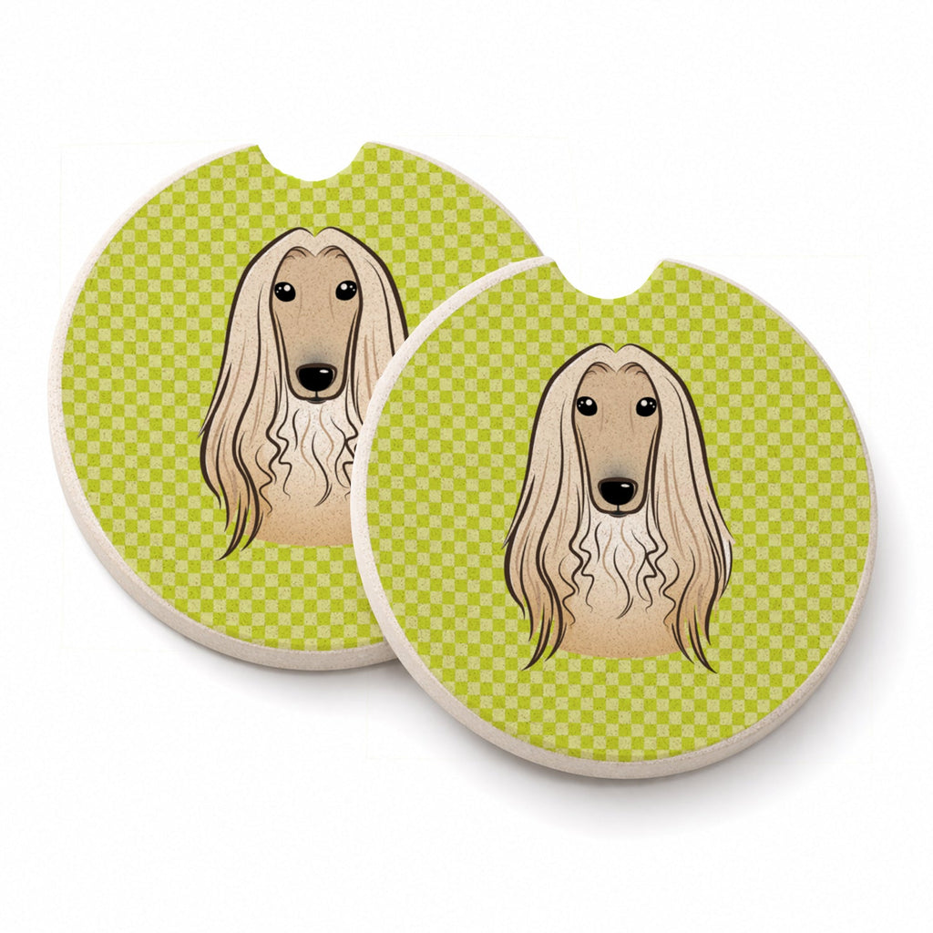 Checkerboard Lime Green Afghan Hound Set of 2 Cup Holder Car Coasters Absorbent Round Sandstone Coasters Gifts for Men or Women, 2.5, Multicolor