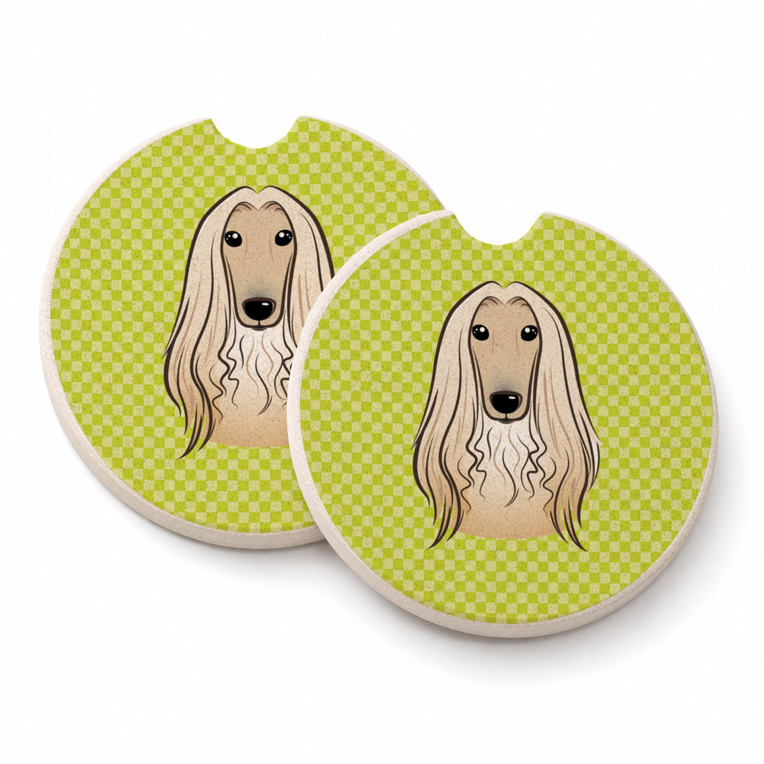 Checkerboard Lime Green Afghan Hound Set of 2 Cup Holder Car Coasters Absorbent Round Sandstone Coasters Gifts for Men or Women, 2.5, Multicolor