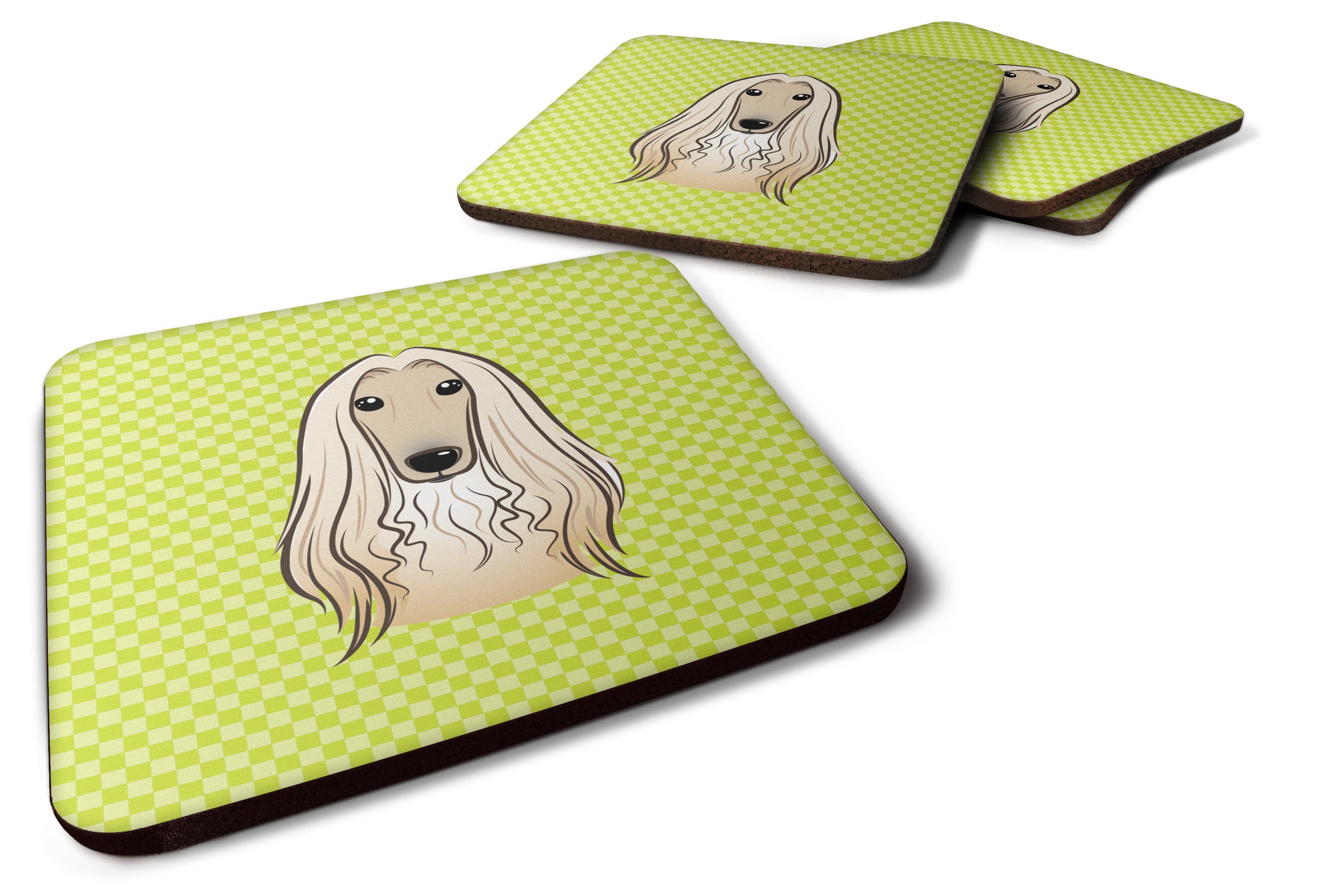 Checkerboard Lime Green Afghan Hound Foam Coasters Set of 4 Cup Coasters for Indoor Outdoor, Tabletop Protection, Anti Slip, Mouse pad Material