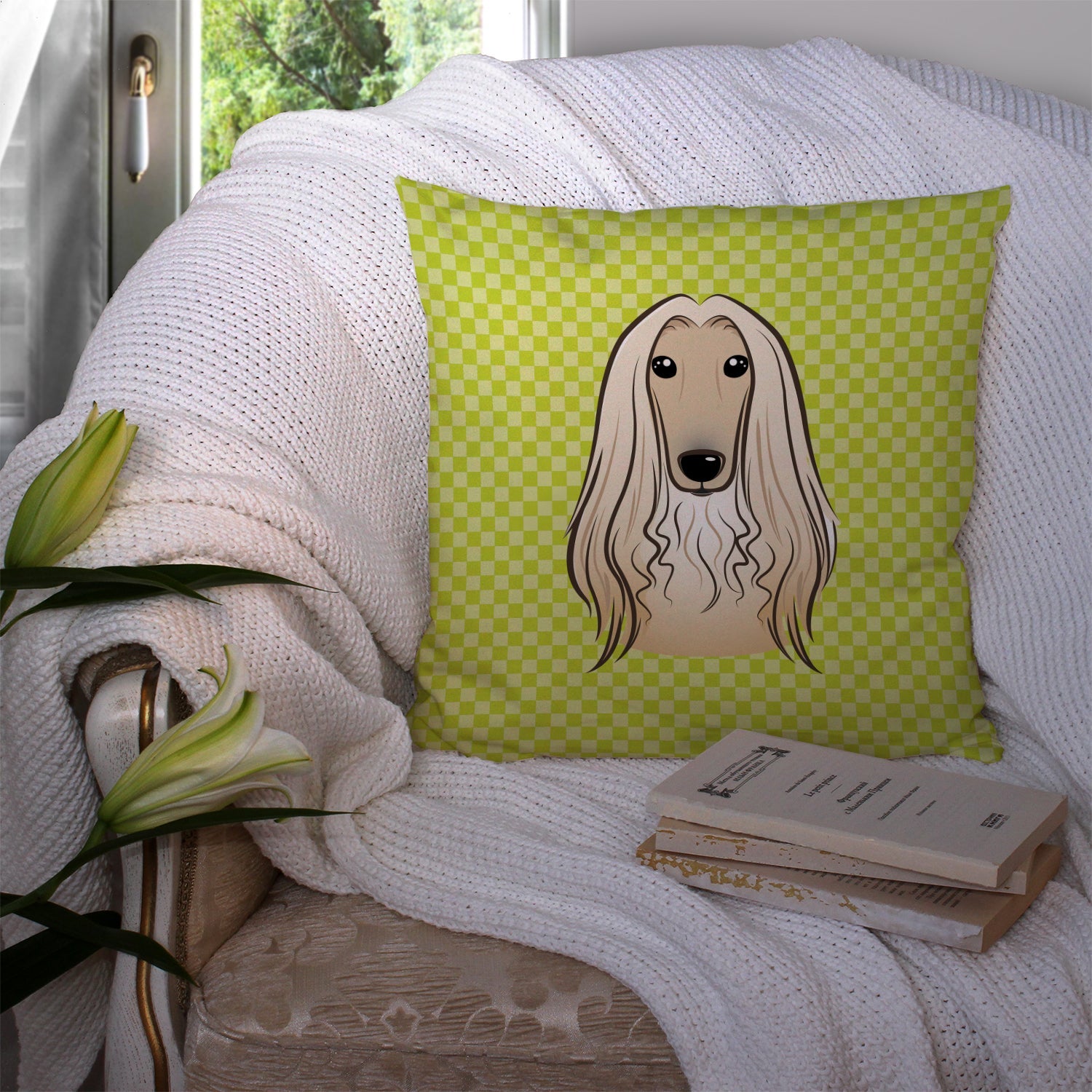 Checkerboard Lime Green Afghan Hound Decorative Throw Pillow 14x14 Indoor Outdoor Accent Cushion, Fabric Cover with Insert for Sofa, Bed, Porch & Living Room