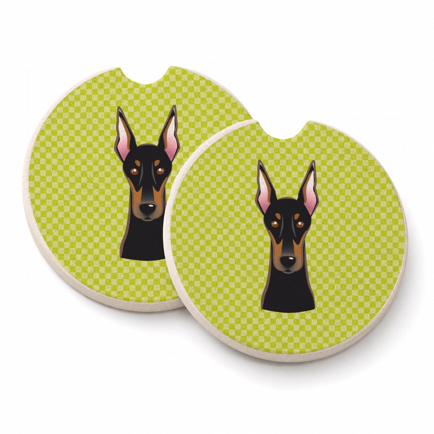 Checkerboard Lime Green Doberman Set of 2 Cup Holder Car Coasters Absorbent Round Sandstone Coasters Gifts for Men or Women, 2.5, Multicolor