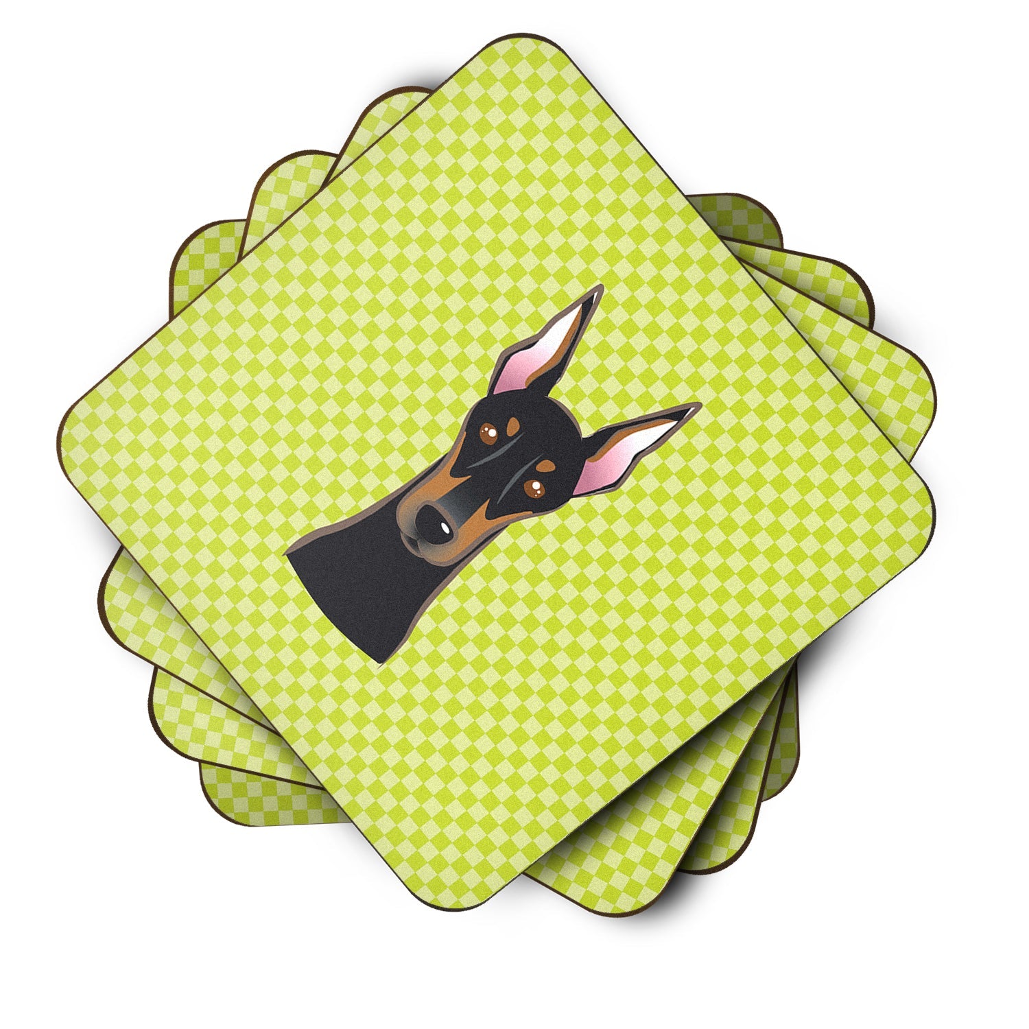 Checkerboard Lime Green Doberman Foam Coasters Set of 4 Cup Coasters for Indoor Outdoor, Tabletop Protection, Anti Slip, Mouse pad Material