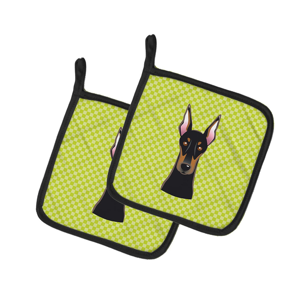 Checkerboard Lime Green Doberman Pot Holder Set of 2 Heat Resistant Quilted Hot Pads 7.5 x 7.5 Inch, Insulated Kitchen Trivets for Cooking & Baking