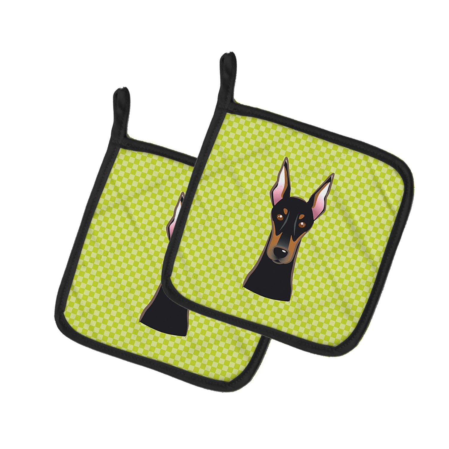 Checkerboard Lime Green Doberman Pot Holder Set of 2 Heat Resistant Quilted Hot Pads 7.5 x 7.5 Inch, Insulated Kitchen Trivets for Cooking & Baking
