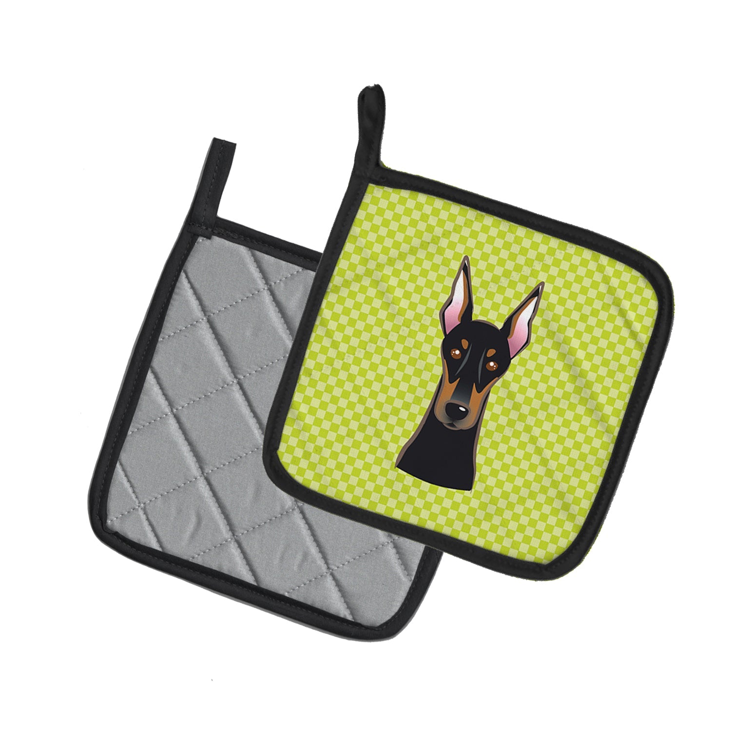 Checkerboard Lime Green Doberman Pot Holder Set of 2 Heat Resistant Quilted Hot Pads 7.5 x 7.5 Inch, Insulated Kitchen Trivets for Cooking & Baking