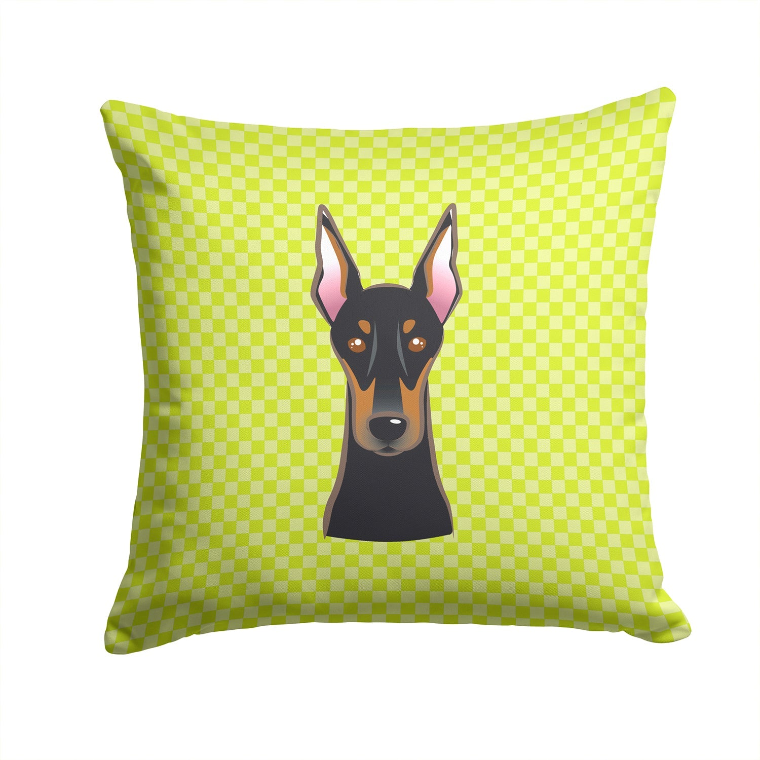 Checkerboard Lime Green Doberman Decorative Throw Pillow 14x14 Indoor Outdoor Accent Cushion, Fabric Cover with Insert for Sofa, Bed, Porch & Living Room
