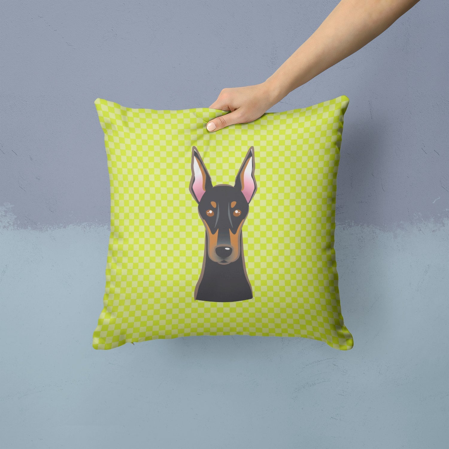 Checkerboard Lime Green Doberman Decorative Throw Pillow 14x14 Indoor Outdoor Accent Cushion, Fabric Cover with Insert for Sofa, Bed, Porch & Living Room