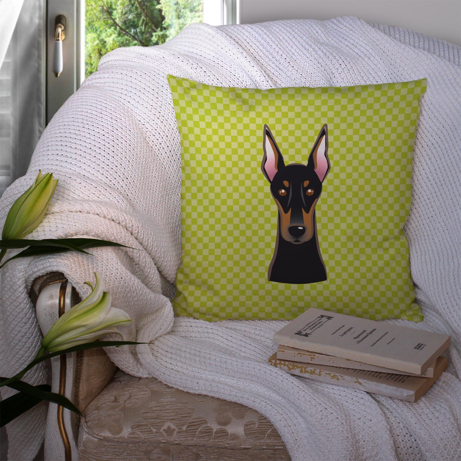 Checkerboard Lime Green Doberman Decorative Throw Pillow 14x14 Indoor Outdoor Accent Cushion, Fabric Cover with Insert for Sofa, Bed, Porch & Living Room
