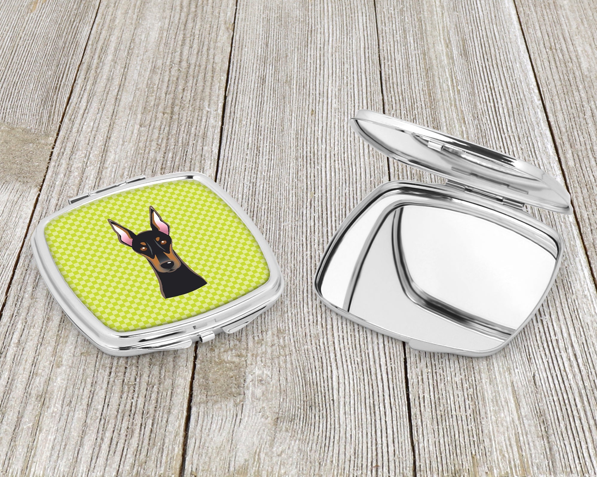 Checkerboard Lime Green Doberman Compact Mirror Decorative Travel Makeup Mirror for Women Girls Gifts Pocket Makeup Mirror Folding Handheld
