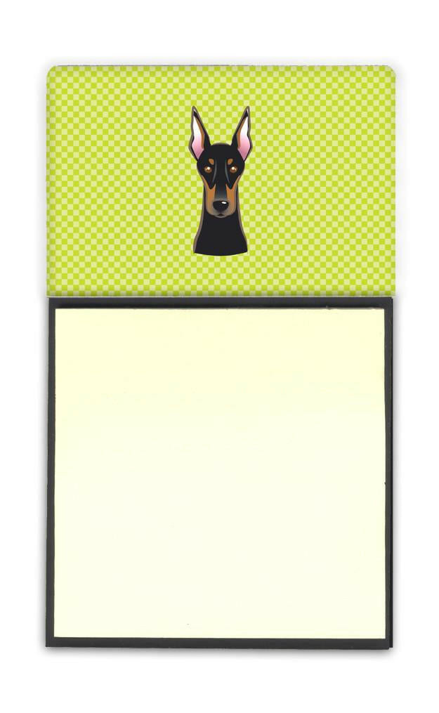 Checkerboard Lime Green Doberman Watercolor Sticky Note Holder Refillable Dispenser Desk Accessory 3x3 Pad Gift