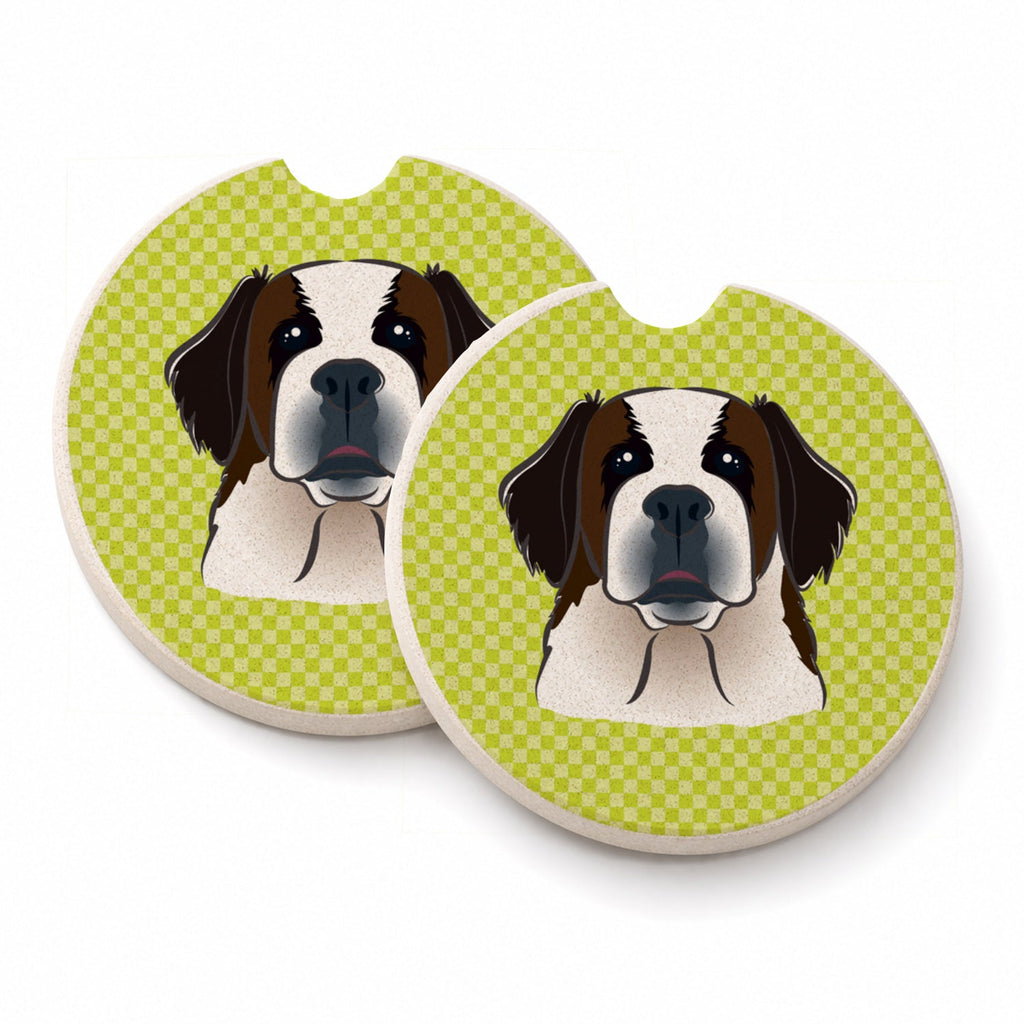 Checkerboard Lime Green Saint Bernard Set of 2 Cup Holder Car Coasters Absorbent Round Sandstone Coasters Gifts for Men or Women, 2.5, Multicolor