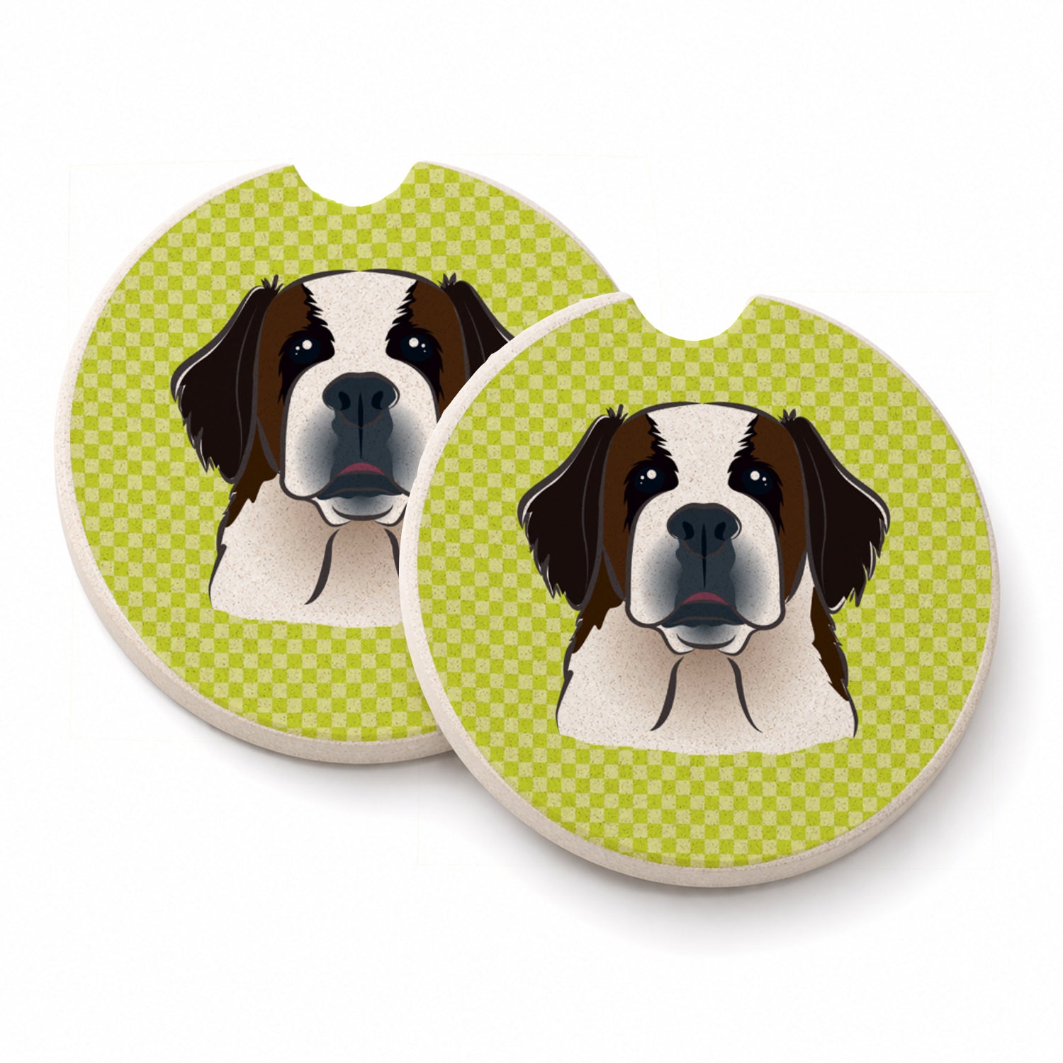 Checkerboard Lime Green Saint Bernard Set of 2 Cup Holder Car Coasters Absorbent Round Sandstone Coasters Gifts for Men or Women, 2.5, Multicolor
