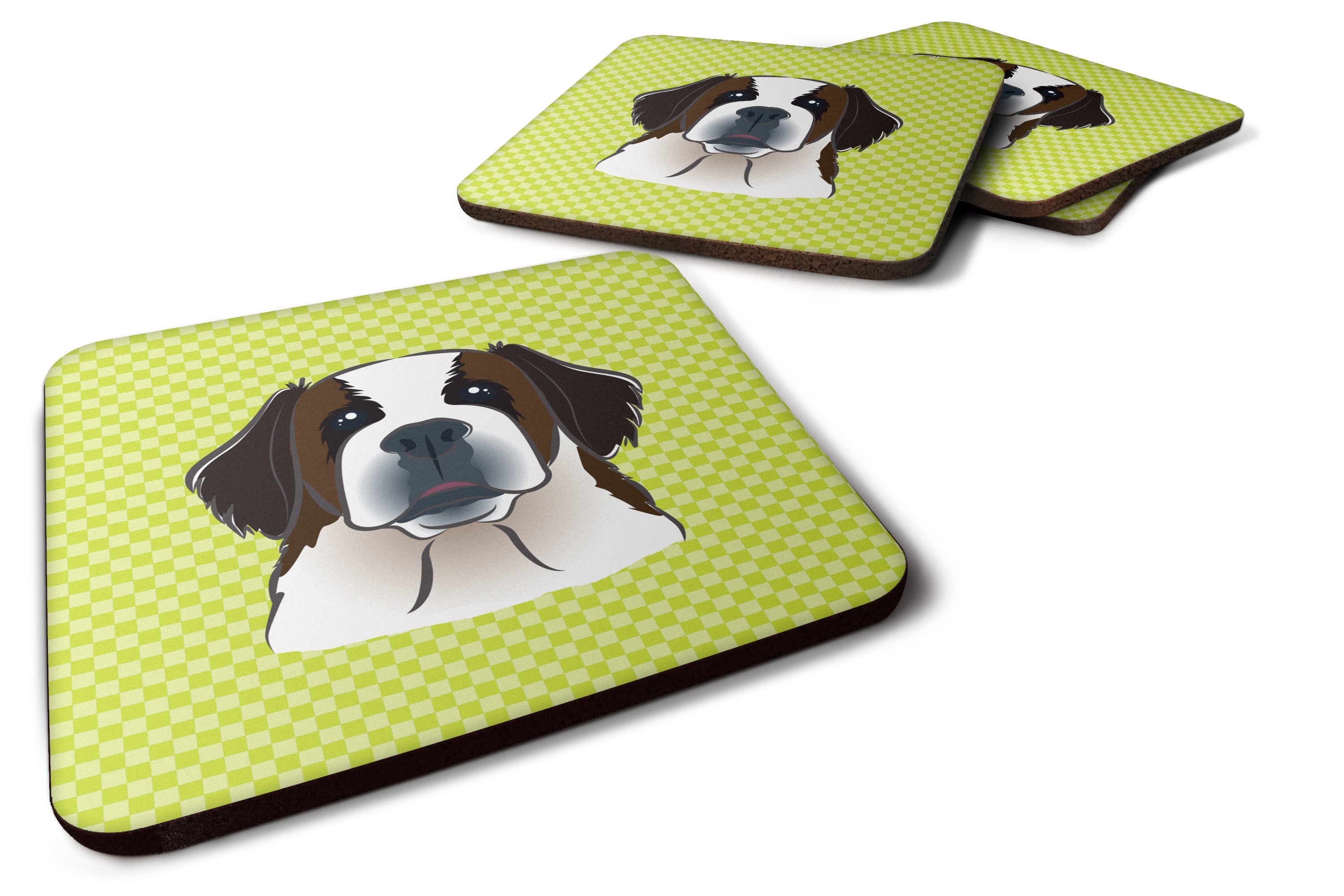 Checkerboard Lime Green Saint Bernard Foam Coasters Set of 4 Cup Coasters for Indoor Outdoor, Tabletop Protection, Anti Slip, Mouse pad Material