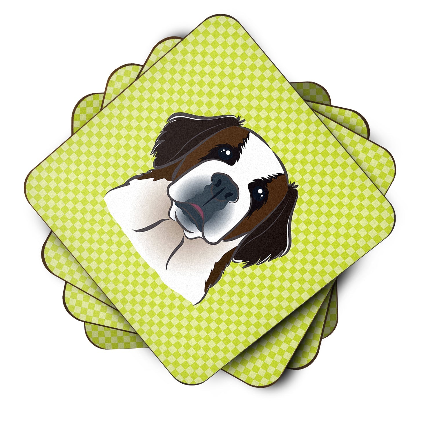 Checkerboard Lime Green Saint Bernard Foam Coasters Set of 4 Cup Coasters for Indoor Outdoor, Tabletop Protection, Anti Slip, Mouse pad Material