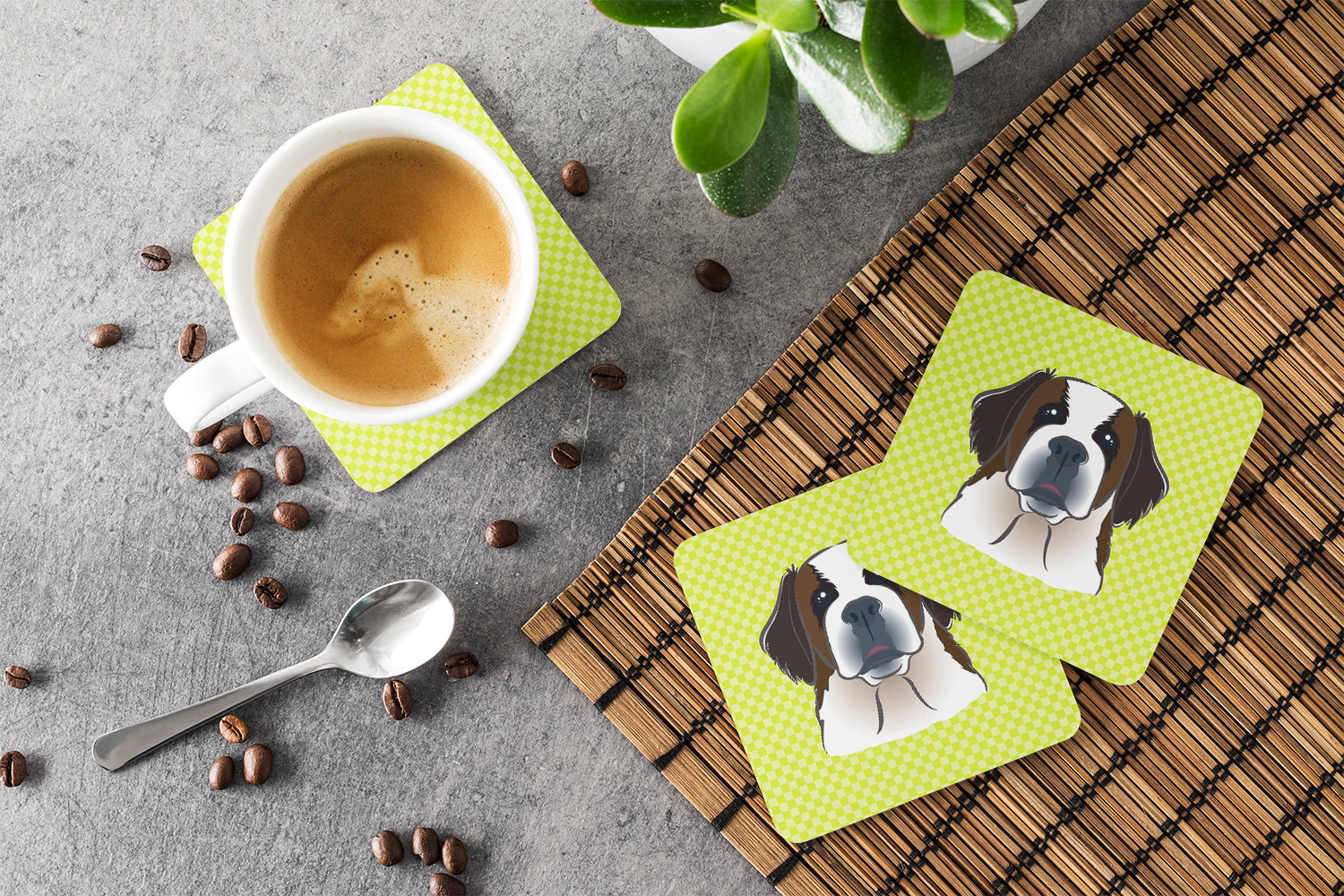 Checkerboard Lime Green Saint Bernard Foam Coasters Set of 4 Cup Coasters for Indoor Outdoor, Tabletop Protection, Anti Slip, Mouse pad Material