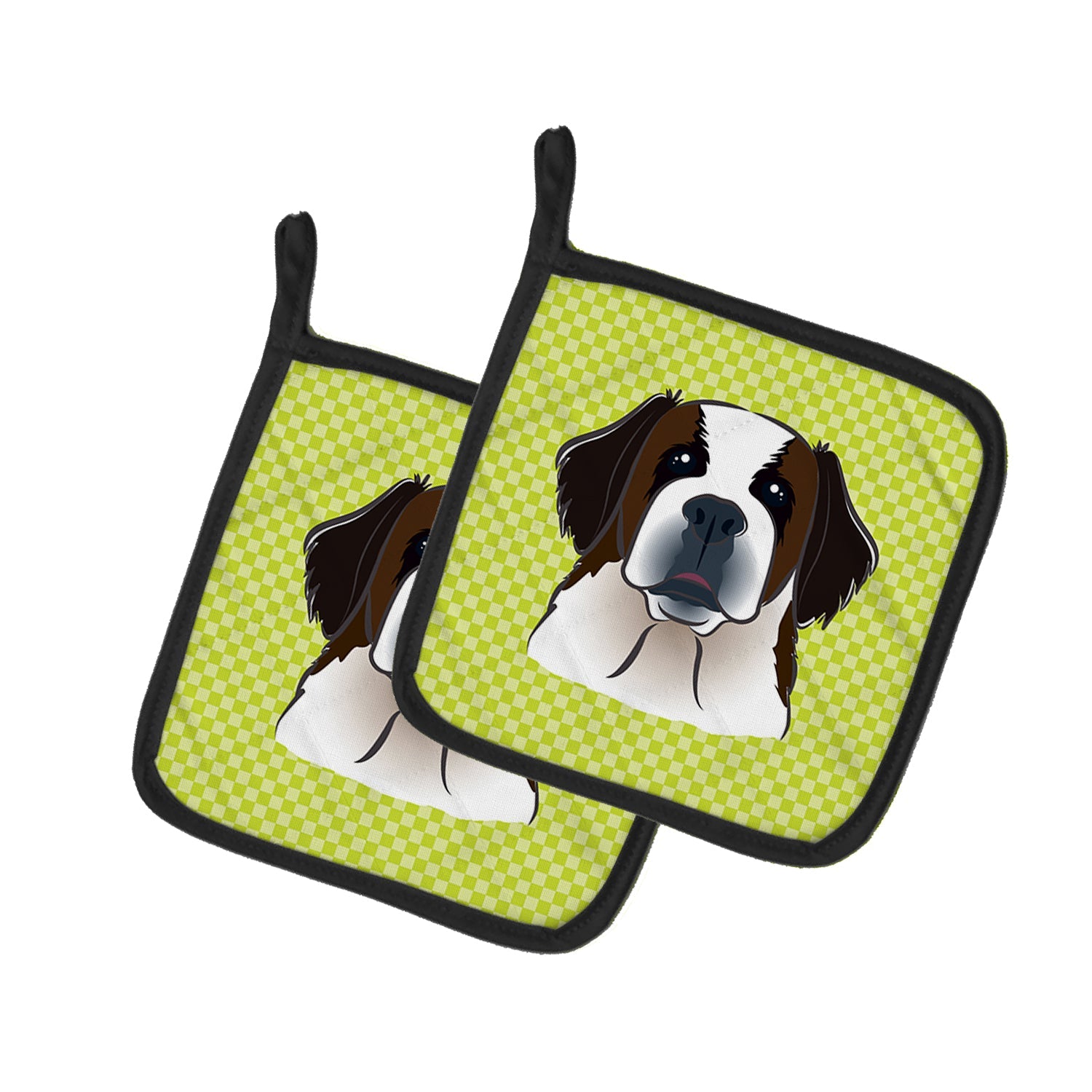 Checkerboard Lime Green Saint Bernard Pot Holder Set of 2 Heat Resistant Quilted Hot Pads 7.5 x 7.5 Inch, Insulated Kitchen Trivets for Cooking & Baking