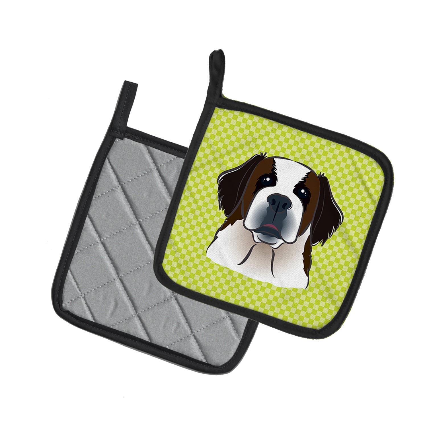 Checkerboard Lime Green Saint Bernard Pot Holder Set of 2 Heat Resistant Quilted Hot Pads 7.5 x 7.5 Inch, Insulated Kitchen Trivets for Cooking & Baking