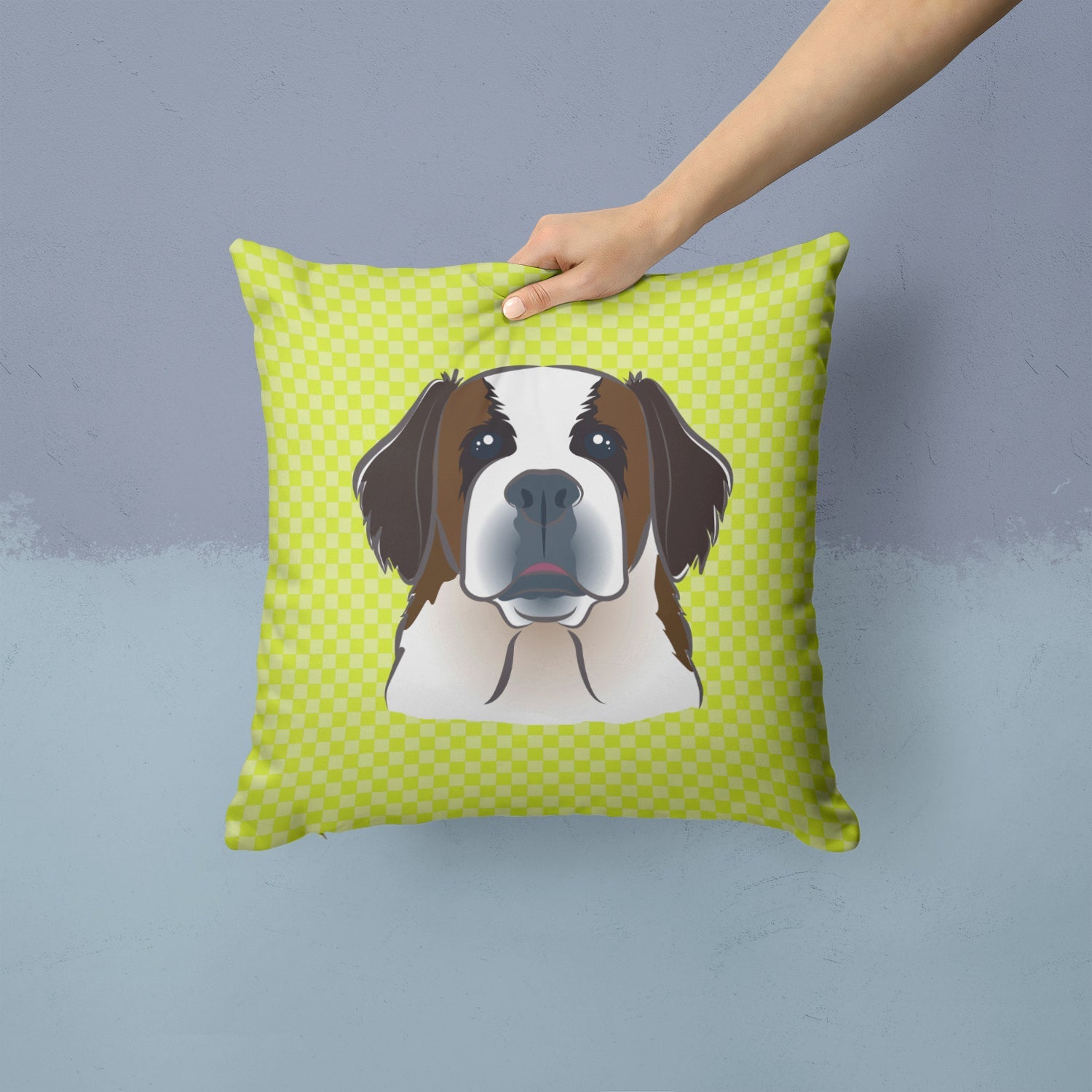 Checkerboard Lime Green Saint Bernard Decorative Throw Pillow 14x14 Indoor Outdoor Accent Cushion, Fabric Cover with Insert for Sofa, Bed, Porch & Living Room