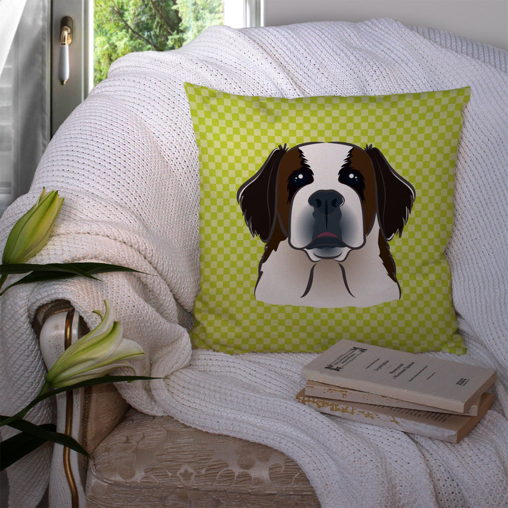 Checkerboard Lime Green Saint Bernard Decorative Throw Pillow 14x14 Indoor Outdoor Accent Cushion, Fabric Cover with Insert for Sofa, Bed, Porch & Living Room