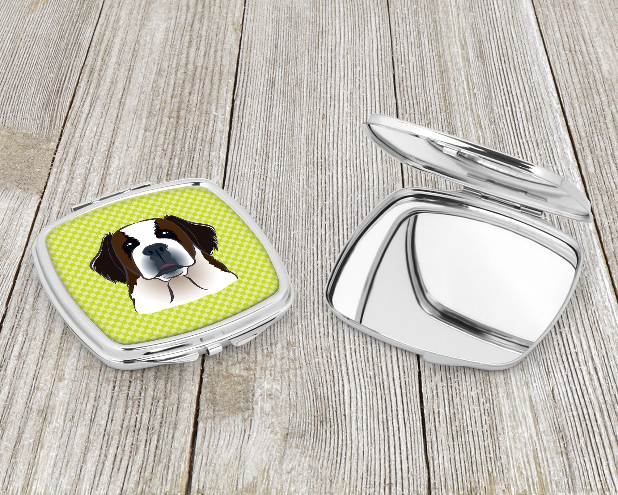 Checkerboard Lime Green Saint Bernard Compact Mirror Decorative Travel Makeup Mirror for Women Girls Gifts Pocket Makeup Mirror Folding Handheld