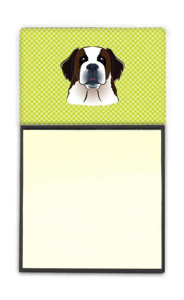 Checkerboard Lime Green Saint Bernard Watercolor Sticky Note Holder Refillable Dispenser Desk Accessory 3x3 Pad Gift