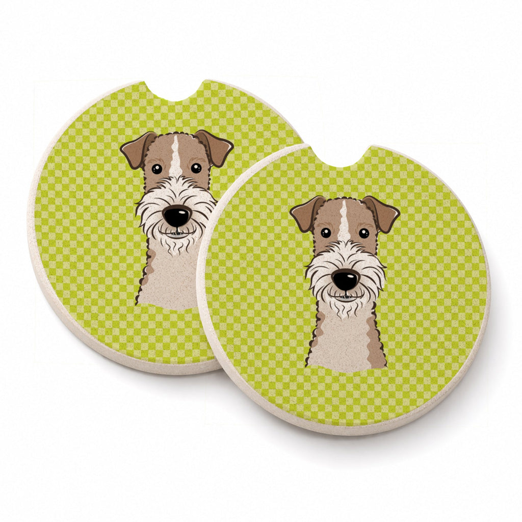 Checkerboard Lime Green Wire Haired Fox Terrier Set of 2 Cup Holder Car Coasters Absorbent Round Sandstone Coasters Gifts for Men or Women, 2.5, Multicolor